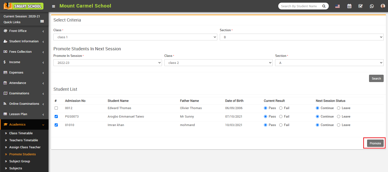 promote student next session image