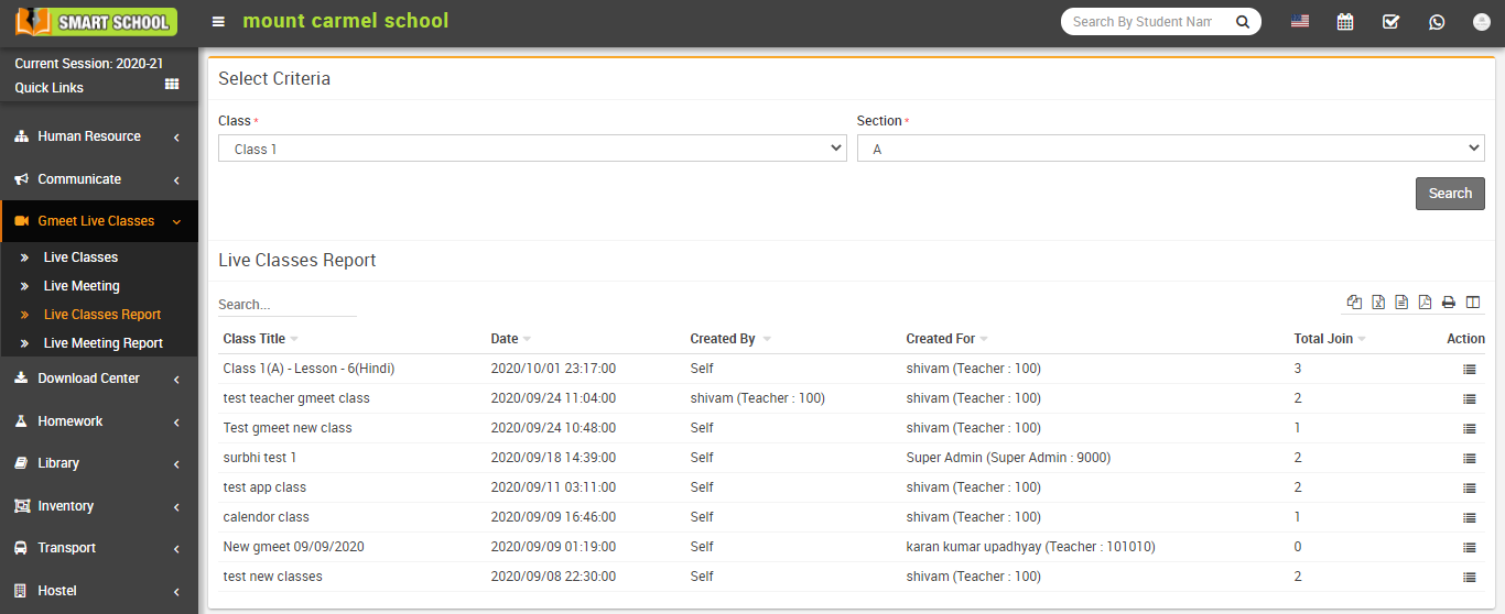 Gmeet live class report image