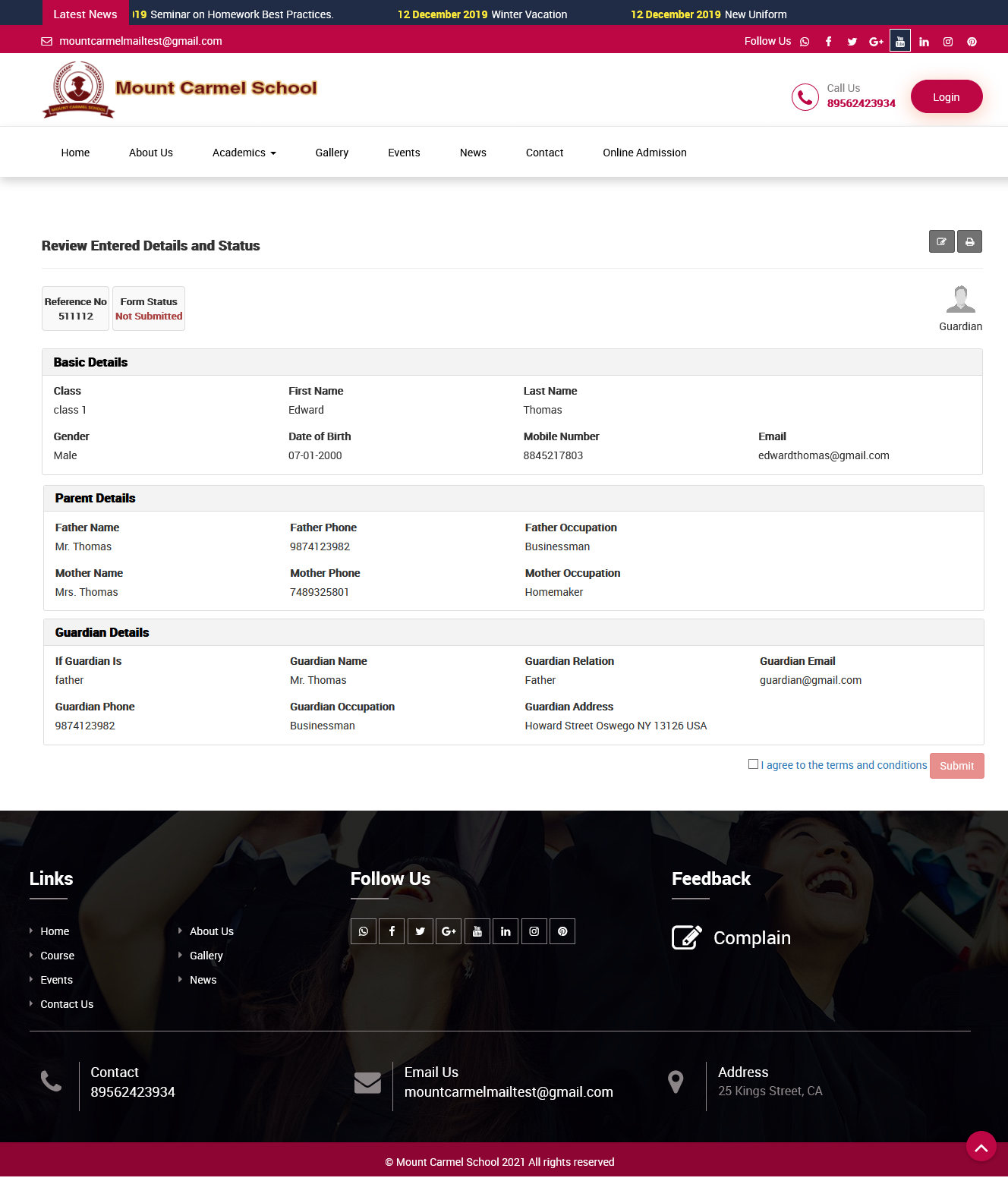 online admission check review detail