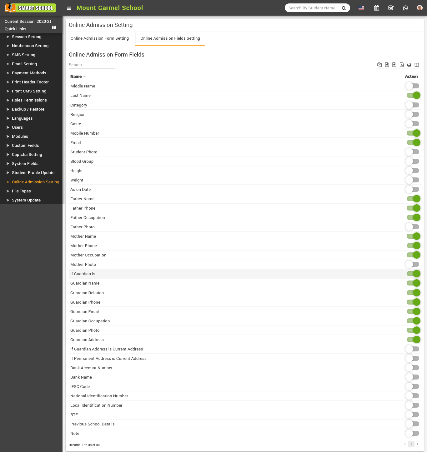 online admission manage fields