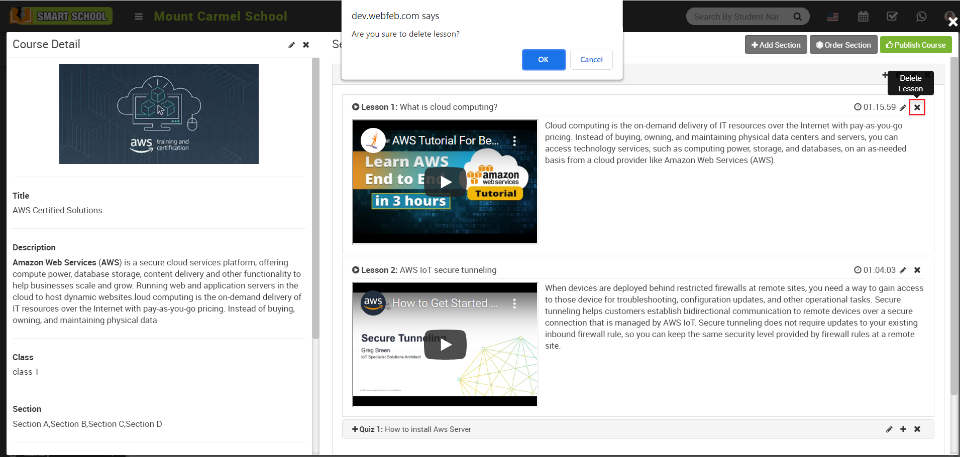 online course delete lesson