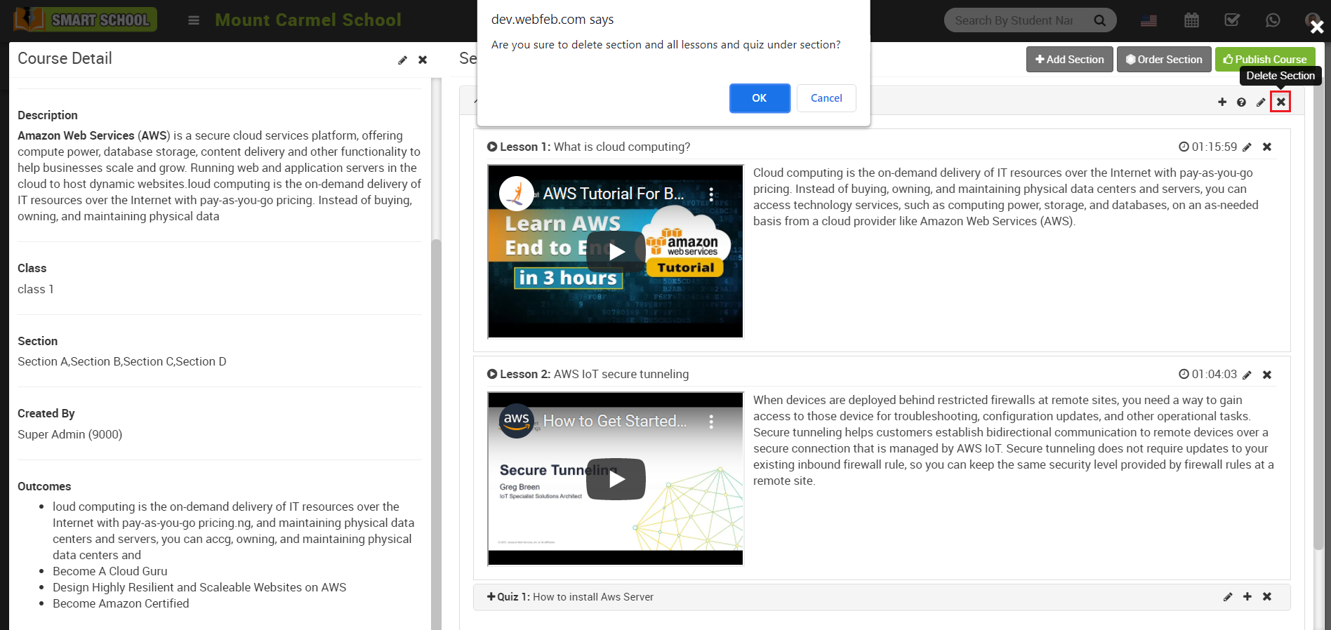 online course delete section image