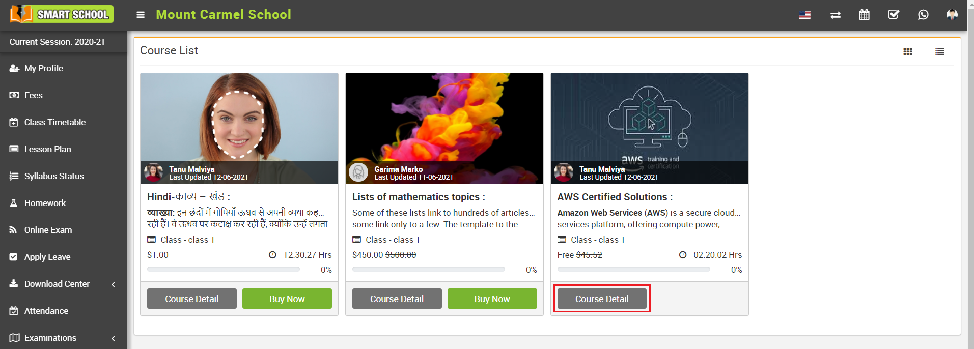 parent panel course detail