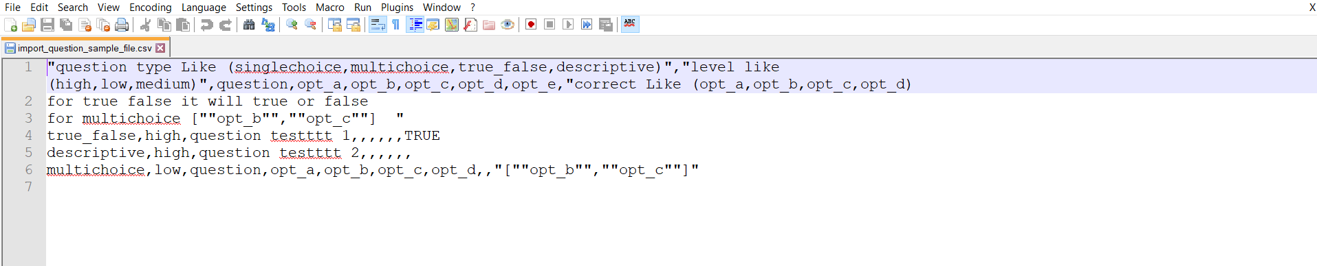 import question notepad format