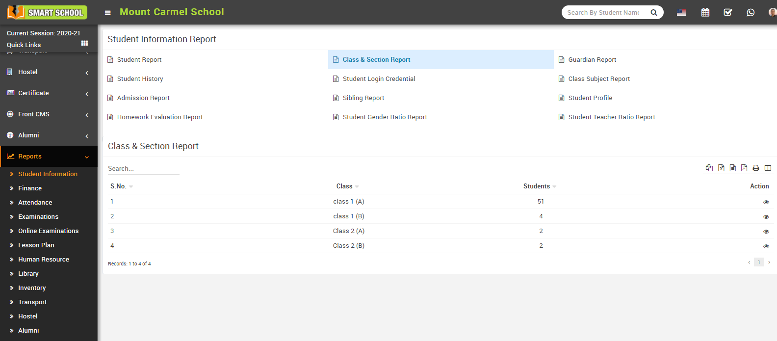 class section wise report